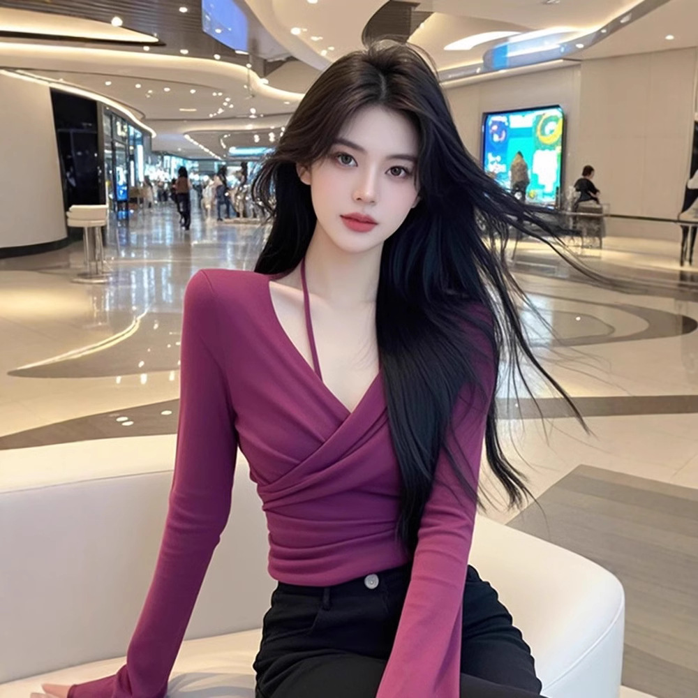 TZ6116纯欲御姐风紫色交叉V领长袖t恤女小个子修身显瘦百搭上衣