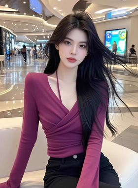 TZ6116纯欲御姐风紫色交叉V领长袖t恤女小个子修身显瘦百搭上衣
