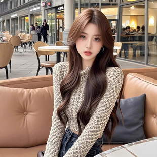 短款 女别致小众设计感修身 针织衫 上衣 6178辣妹复古半高领长袖