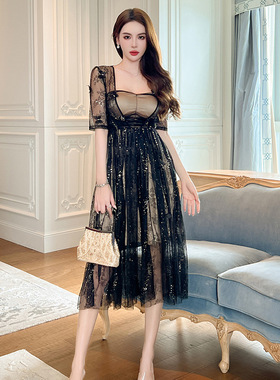 2025夏季新款女装优雅气质减龄方领网纱高腰蓬蓬小众连衣裙10740