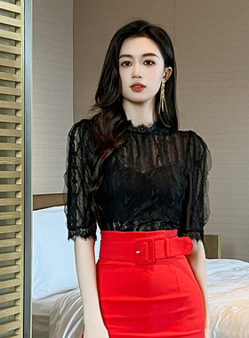 2025夏季新款女装法式性感透视流苏上衣名媛气质短袖蕾丝衫20436