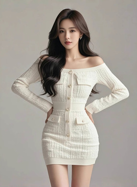 DLGT4938一字肩长袖针织连衣裙女秋冬小香风名媛气质收腰包臀短裙