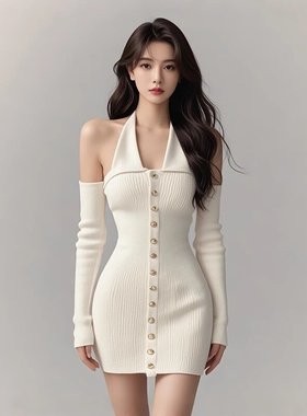 DLGT5564法式名媛风挂脖露肩排扣连衣裙女新款高级设计收腰包臀裙