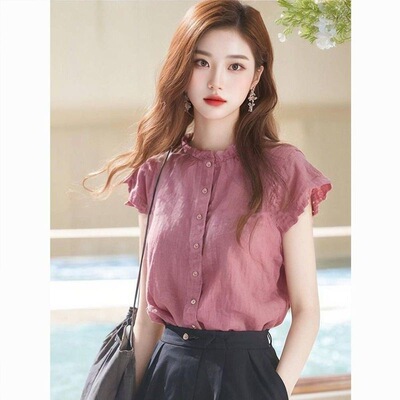 设计感小众边立领小飞袖衬衫女夏季新款别致漂亮小衫上衣