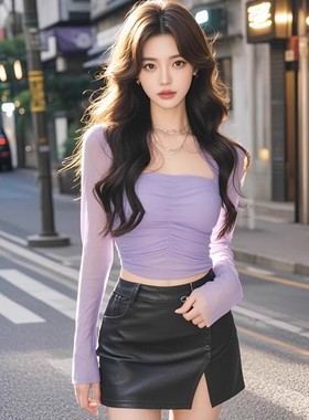 TZ5243紫色方领露锁骨长袖t恤女秋季别致漂亮内搭收腰显瘦短上衣