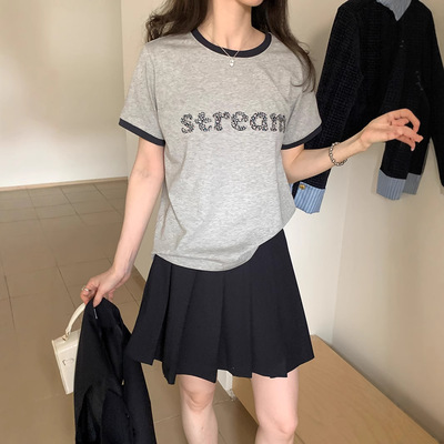 薇颂女装撞色拼接圆领短袖t恤女夏季十三行宽松显瘦百搭休闲上衣