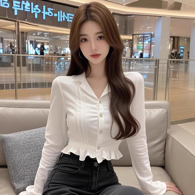 TZ5026小个子白色Polo领长袖打底衫女新款纯欲辣妹修身显瘦短上衣