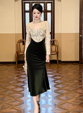 过年战袍新中式改良旗袍蕾丝裙2024秋冬新款长袖丝绒连衣裙20992