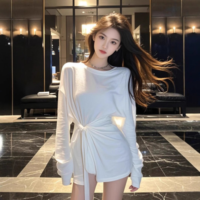 TZ5953小个子白色圆领绑带长袖T恤女小众别致设计感宽松百搭上衣