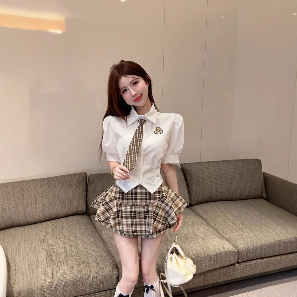 美式学院风jk制服套装女夏季可爱甜辣泡泡袖衬衫格子半身裙两件套图片