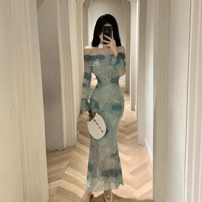 6636欧美东南亚跨境外贸女装批发新中式网纱一字肩修身长袖连衣裙