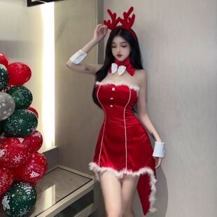 18YXE386欧美2026跨境外贸性感金丝绒毛毛拼接圣诞不规则连衣裙女
