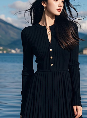 DLGT5667文艺复古黑色单排扣针织连衣裙女简约高冷女神气质百褶裙