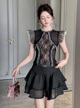 2025夏季新款女装法式设计感飞飞袖修身上衣别致蕾丝上衣91698