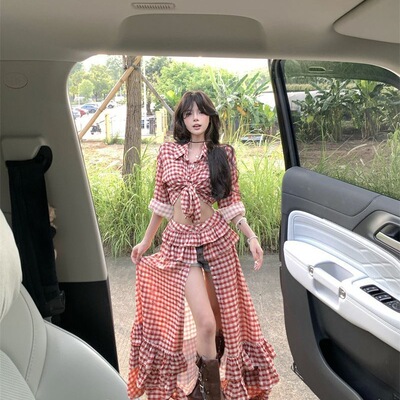 法式格子穿搭套装女蝴蝶结绑带Polo领短款衬衫花边拼接开叉半身裙