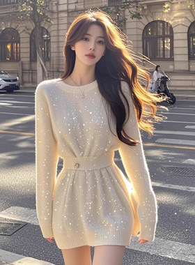 DLGT6245法式重工细闪圆领连衣裙女温柔优雅御姐范收腰显瘦包臀裙