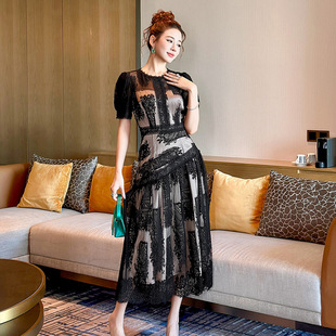 优雅气质圆领收腰大摆端庄蕾丝长款 女装 连衣裙21832 新款 2205夏季