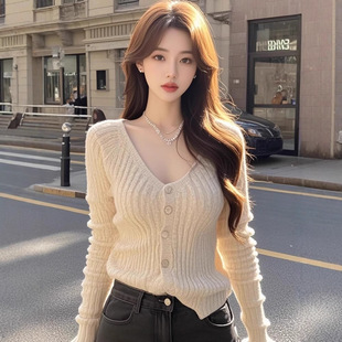显瘦百搭短款 女纯欲辣妹修身 针织衫 上衣 5035杏色V领单排扣长袖