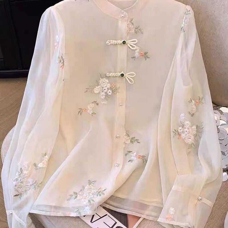 刺绣雪纺衬衫2026春夏新款女装长袖衬衣搭配马面裙上衣跨境货源