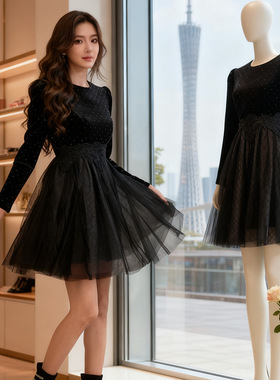 生日裙子千金风连衣裙女秋冬新款网纱蓬蓬公主裙丝绒小黑裙45411