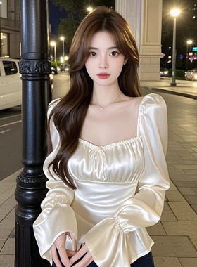 TZ4987白色方领缎面长袖衬衫女高级感百搭修身显瘦外穿短款上衣