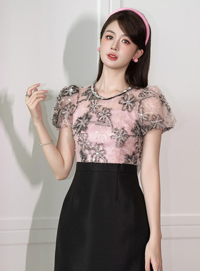 2025夏季新款女装法式设计感亮片拼接收腰假两件连衣裙礼服11566