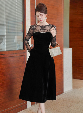 miu系重工钉珠丝绒小黑裙年会礼服裙赫本复古收腰连衣裙女21881