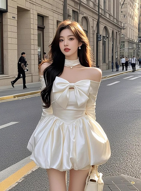 TZ6400白色一字肩蝴蝶结抹胸连衣裙女千金名媛高级感精致性感短裙