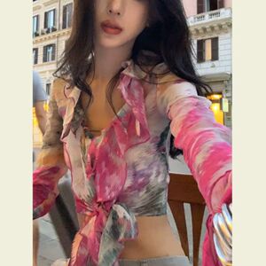 粉色长袖防晒上衣扎染薄款辣妹衬衫2026夏季新款女装别致绝美小衫