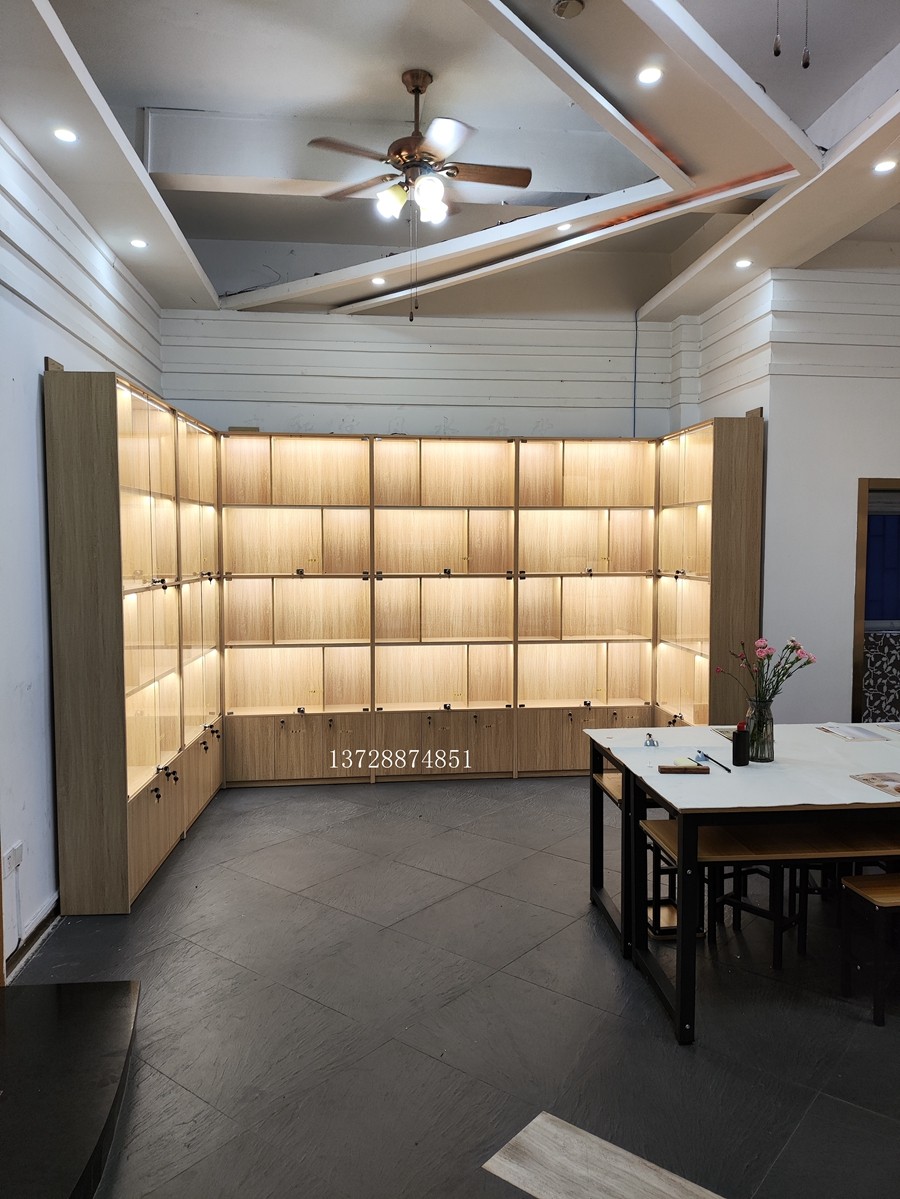 书法用品展览错落格子展示高柜茶具茶叶柜深圳工厂定做木制玻璃架