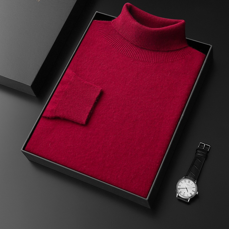 2024秋冬新款高翻领山羊绒衫男士套头宽松纯色针织毛衣打底羊毛衫