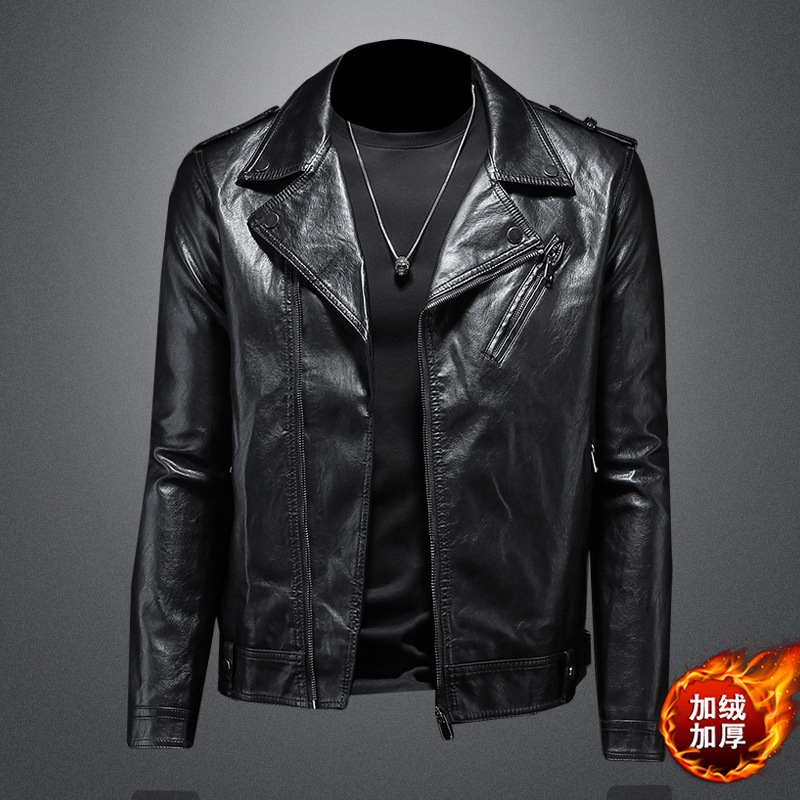 欧洲站2023秋冬新款加绒男士翻领机车皮外套修身潮男夹克男装