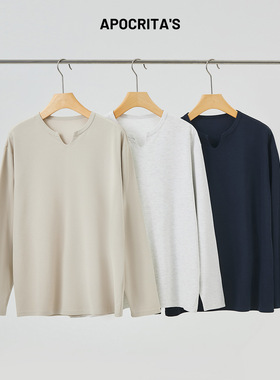 APO男装|跨境长袖T恤男春季百搭宽松V领肌理感纯色内搭上衣打底衫