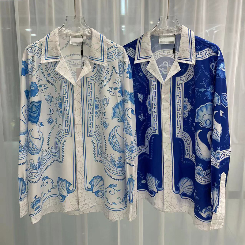 2023新款欧美潮流跨境外贸时尚休闲青年流行数码印花男士长袖衬衣