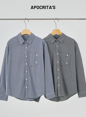 APO男装|跨境长袖格子衬衫男春夏季薄款宽松休闲痞帅撞色色织衬衣