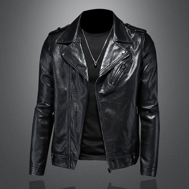 欧洲站2025年秋冬新款男士翻领机车皮外套修身潮男夹克男皮衣