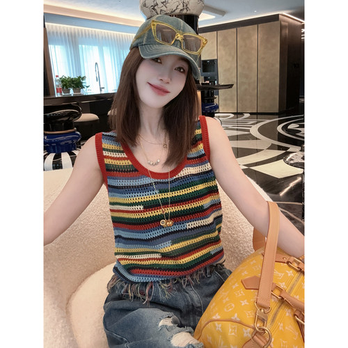 CC大彤彤 夏日天丝亚麻彩虹宽松显瘦条纹背心女无袖上衣2026新款