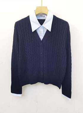 MM麦麦2026年女装显瘦百搭假两件条纹设计撞色羊毛绞花针织开衫