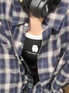 MM麦麦个性设计感小众宽松长袖格子衬衫显瘦外套上衣4F8221711