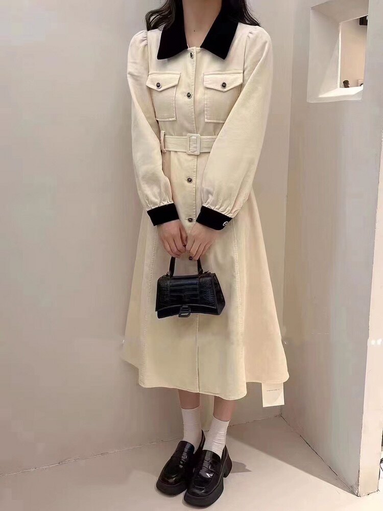 翻领泡泡袖单排扣腰带收腰连衣裙秋季法式复古气质过膝A字长裙子
