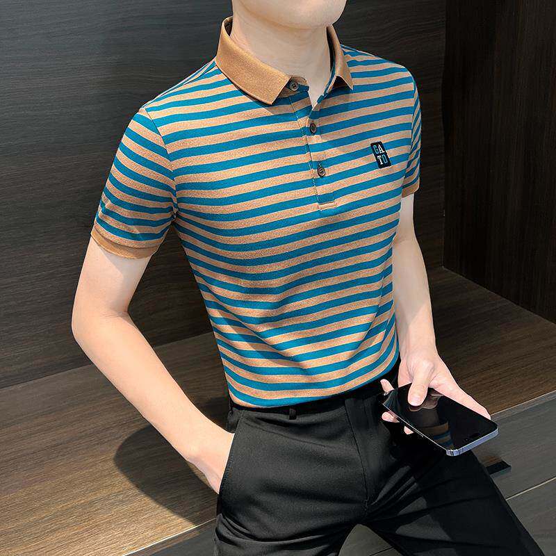 轻奢条纹POLO衫男2024年夏季新款刺绣拼色上衣休闲冰丝短袖t恤男