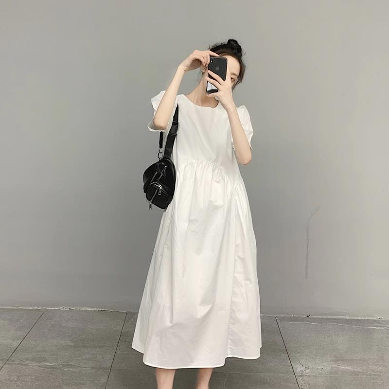 法式白色连衣裙女夏季2025年新款高级感气质宽松显瘦泡泡袖a字裙