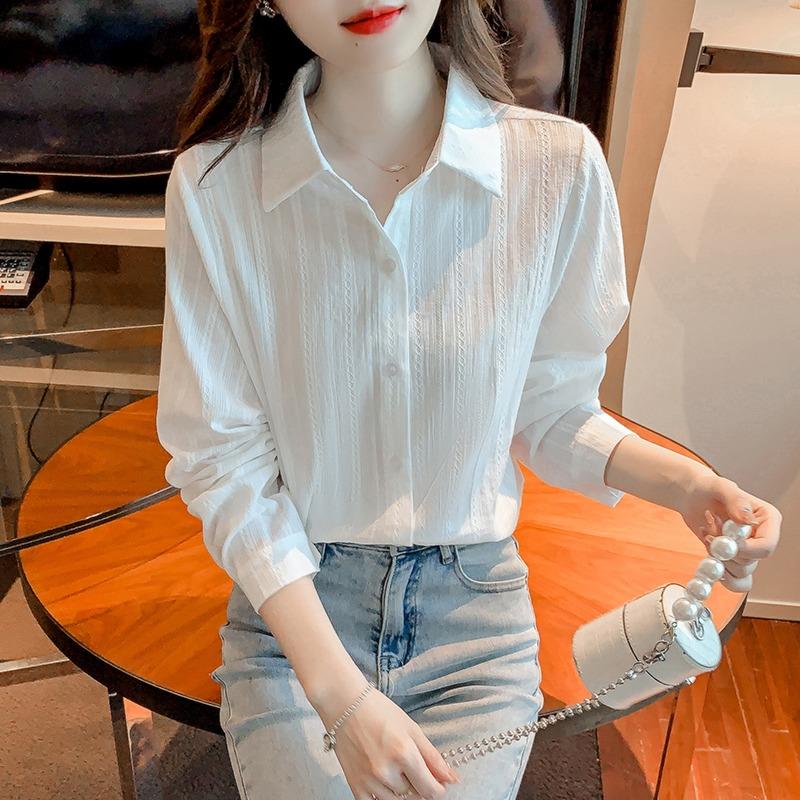 香港白色条纹衬衫女时尚洋气小个子纯棉衬衣设计感小众长袖极简风