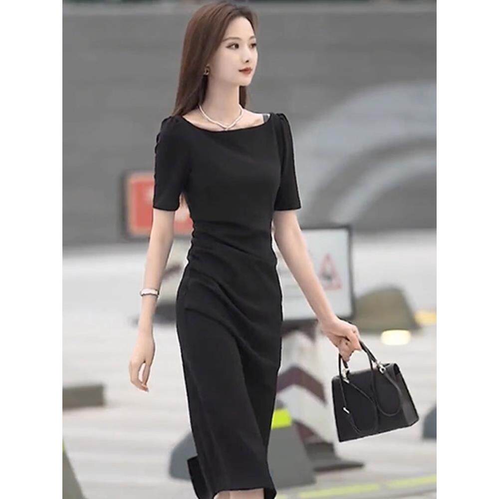 法式气质显瘦平领连衣裙女2025年夏季新款黑色裙子修身短袖中长裙