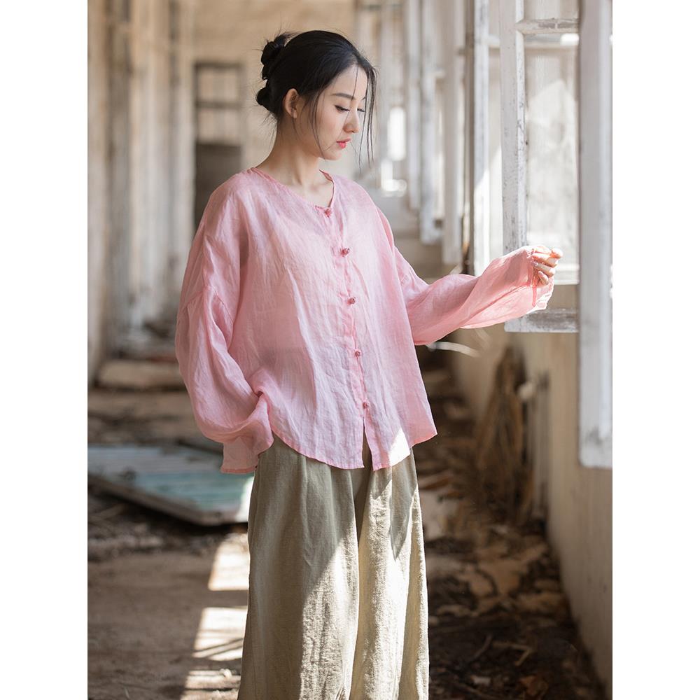 2024夏季新款苎麻衬衫女高级感新中式盘扣开衫宽松慵懒风防晒衣