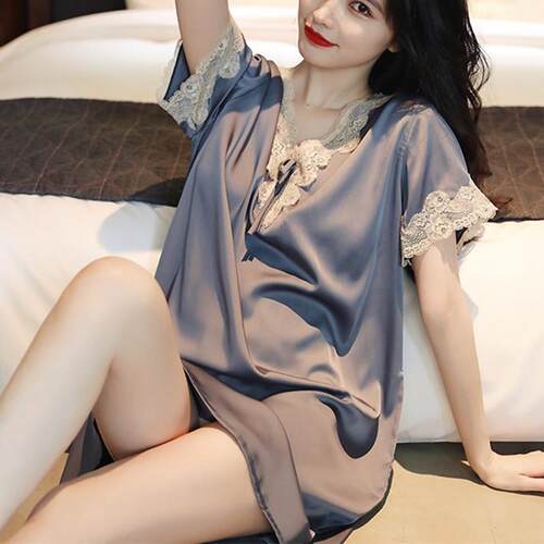 SLP真丝睡裙女夏蕾丝中长款大码短袖性感连衣裙高级感睡衣家居服