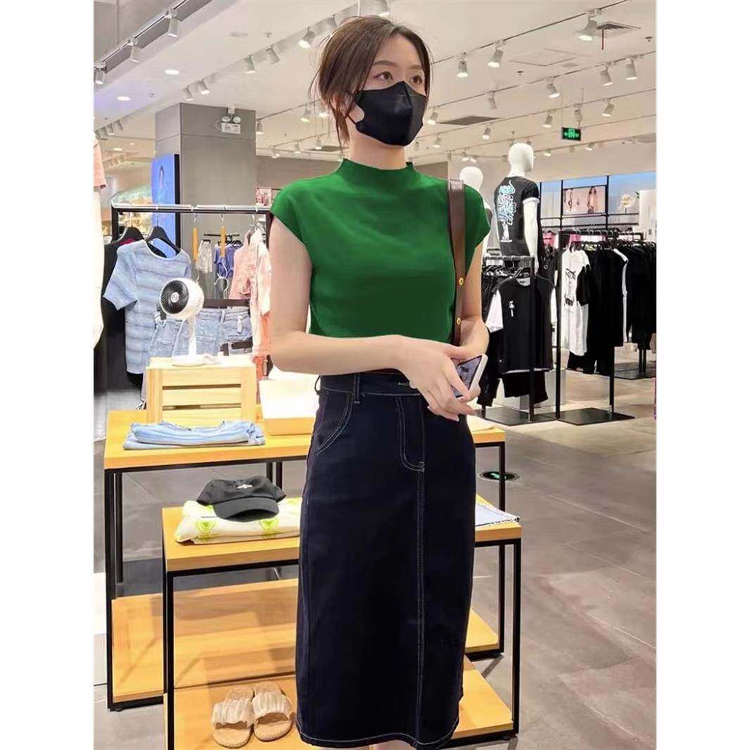 2024夏季薄款冰丝针织衫女半高领韩版小衫修身显瘦高级感短袖t恤