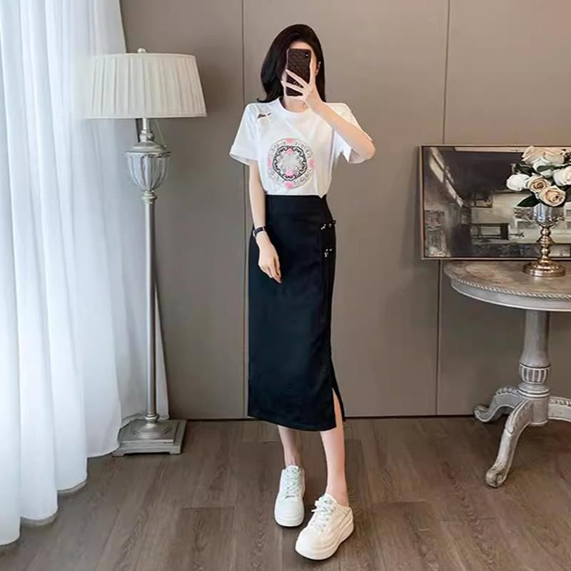 欧洲站重工刺绣时尚套装女2025年夏新款国风短袖t恤半身裙两件套