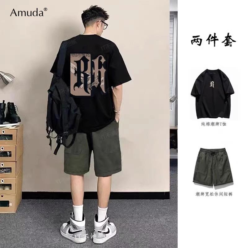 高端短袖t恤男士套装夏季工装短裤休闲运动服搭配帅气两件套男款