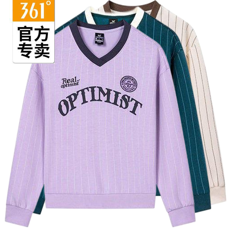 361度女款V领美式卫衣新品2026春秋条纹运动衫休闲上衣56Z619815